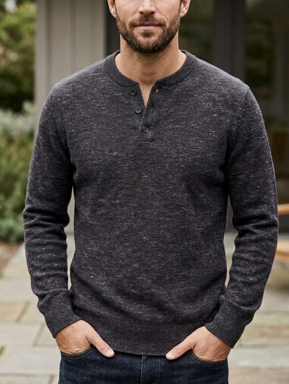 Men's Henley Knit Sweater - Charcoal